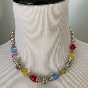 Multi-Color & silver tone Beaded Necklace w/ antique like setting, Adjustable